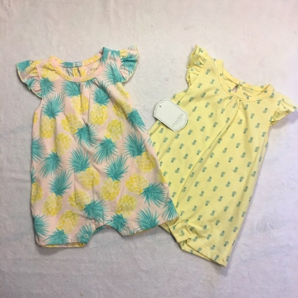 Kyle & Deena Pineapple Romper Set Baby 3-6M Pink Yellow New Ruffle Sleeve 2PK
